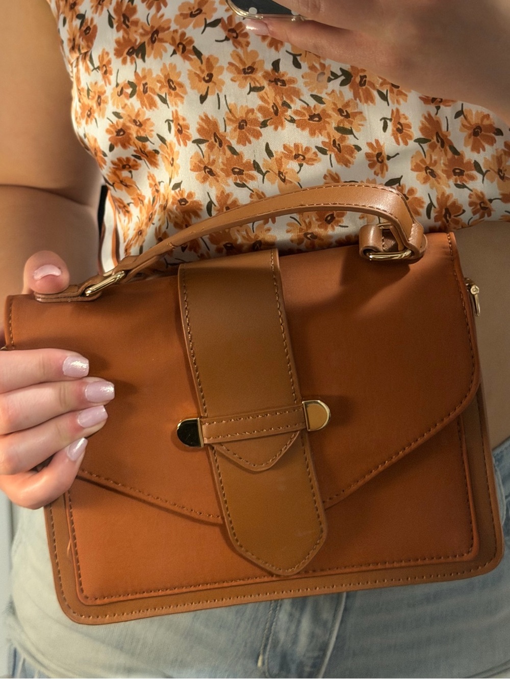 Only Structured Top-Handle Purse in Rust Brown with Gold Accents